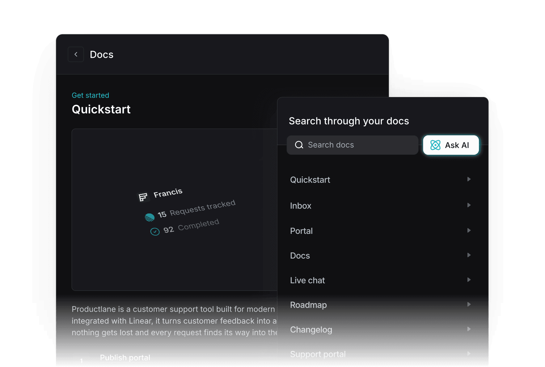Help center embedded in widget with search and AI chat